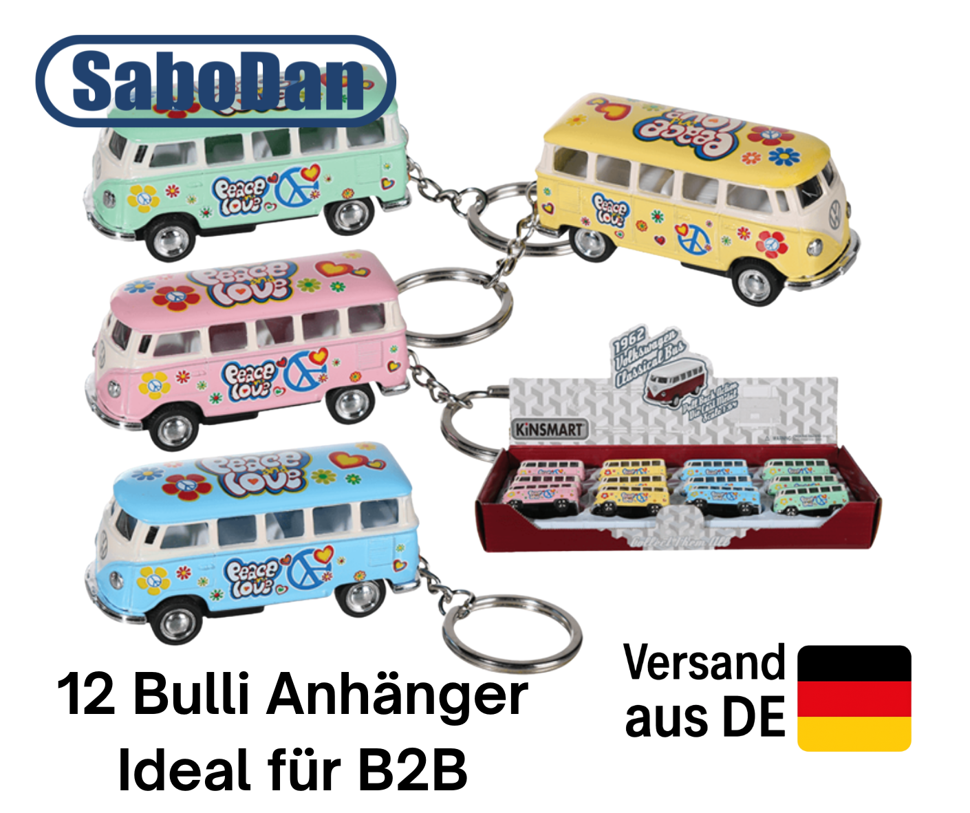 12er Set Metall-Schlüsselanhänger VW T1 Bus 1962 "Peace & Love"