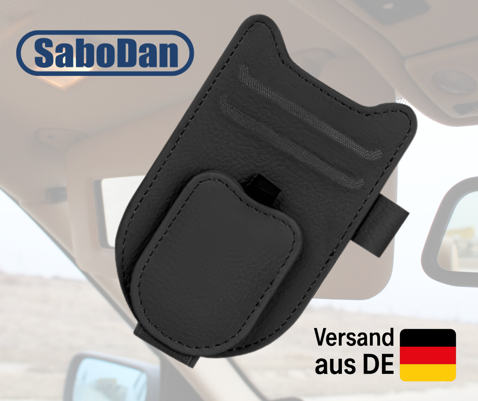 Stylischer Organizer für die Auto-Sonnenblende – Magnetisch, Schwarz, mit Brillenhalter, Kartenfach & Stifthalter in edler Lederoptik